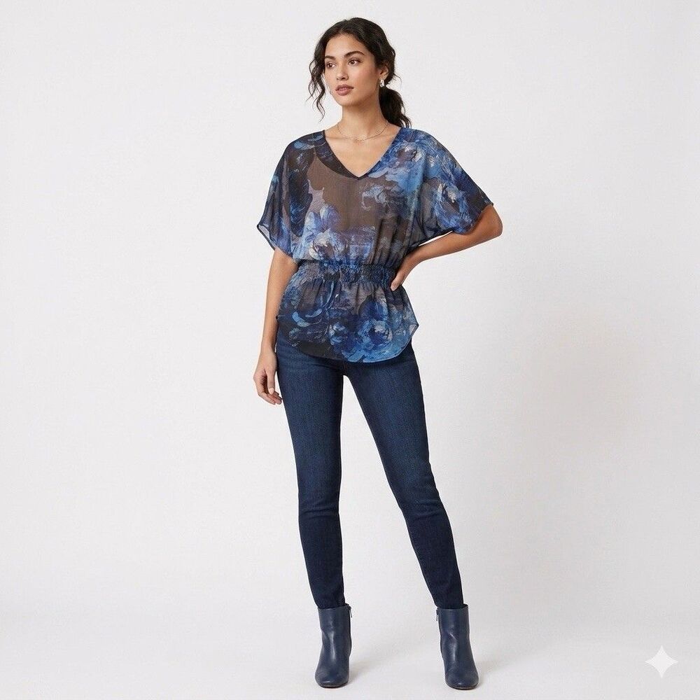 Y2K‎ Blouse Womens M Blue Floral Sheer Boho 2000s Festival Cottagecore Flowy Top